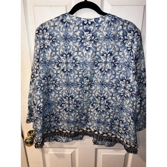 Chicos Jacket Womens 2 Large Linen Floral open Blazer Fringe Coastal Career - Picture 6 of 7